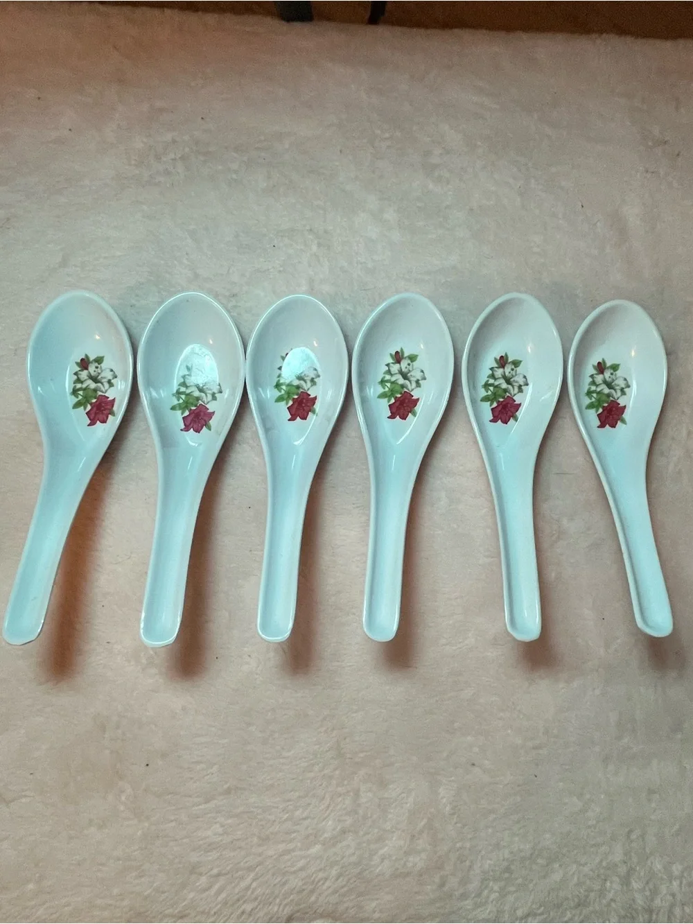 White Melamine Asian Soup Spoons with Pink Floral Accent - Set of 6